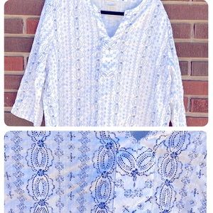 Linen-feel blouse Van Huesen XXL White blue EUC